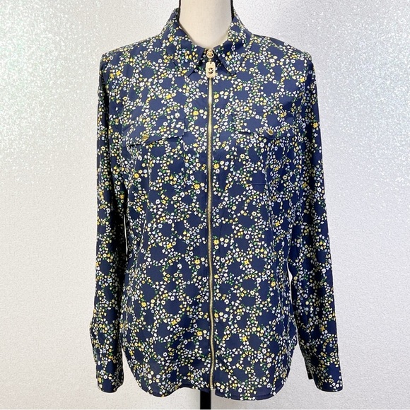 Michael Kors women’s floral print zip front blouse top navy blue size medium - Picture 8 of 11